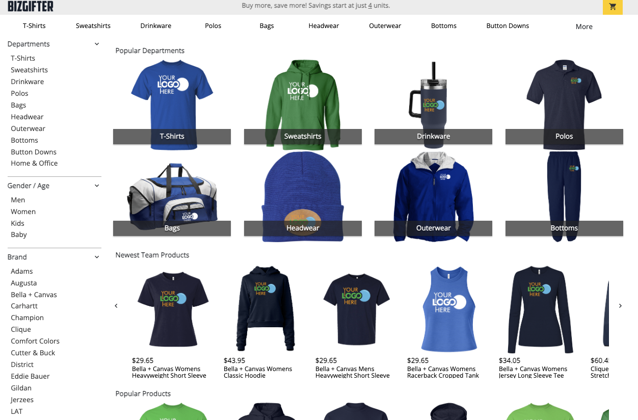 Example Merch Castle shop with company logo on t-shirts, hoodies, drinkware, polos, and more